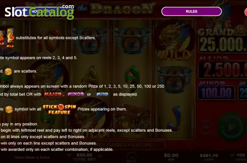 Special symbols screen. Rise of the Dragon slot
