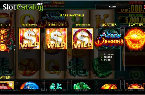 Paytable screen. Action Dragons Cash Stacks Gold slot