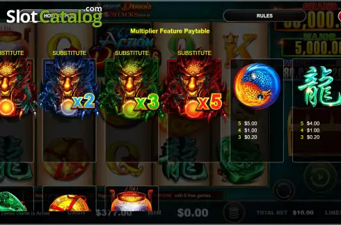 Multiplier Feature Paytable Multiplier Feature Paytable scren. Action Dragons Cash Stacks Gold slot