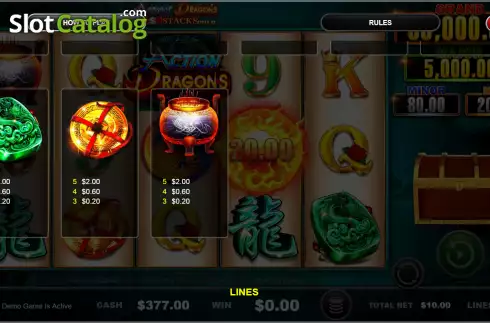 Multiplier Feature Paytable screen 2. Action Dragons Cash Stacks Gold slot