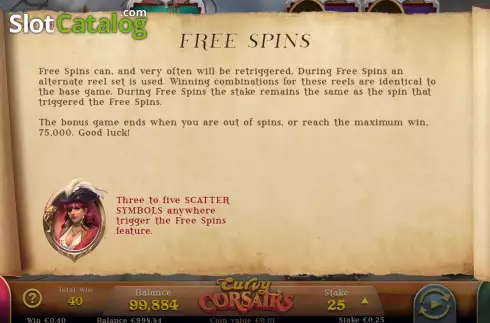 Game Features screen. Curvy Corsairs slot