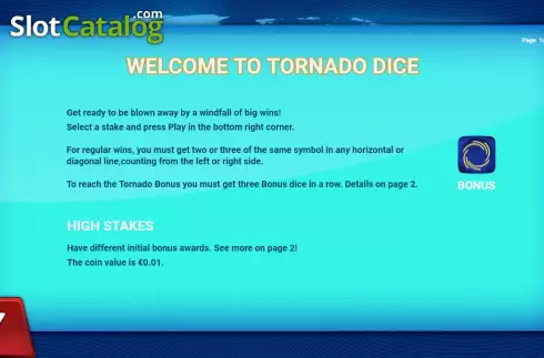 Game Rules screen. Tornado Dice slot