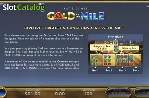 Rules screen. Katie Combs Gold of the Nile slot
