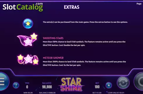 Special option screen. Star Shine slot