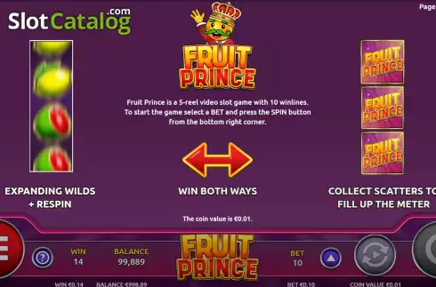 Game Features screen. Fruit Prince slot
