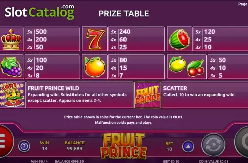 PayTable screen. Fruit Prince slot