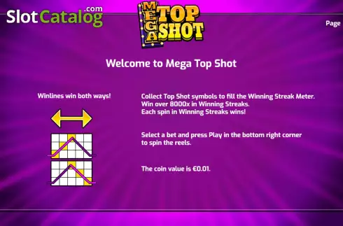 Game Features screen. Mega Top Shot slot
