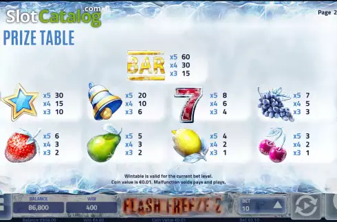 Paytable screen. Flash Freeze 2 slot