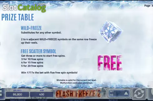 Features screen. Flash Freeze 2 slot