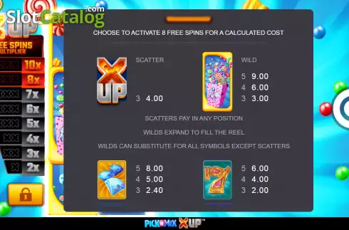 Paytable screen. Pick N Mix X UP slot