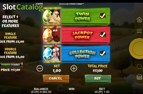 Buy Feature Screen. Chickenville Power Combo slot