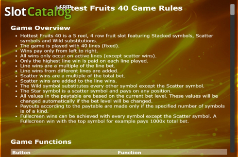 Information screen. Hottest Fruits 40 slot