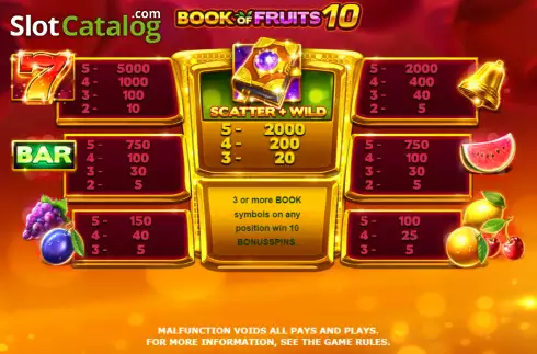 Paytable screen. Book of Fruits 10 slot