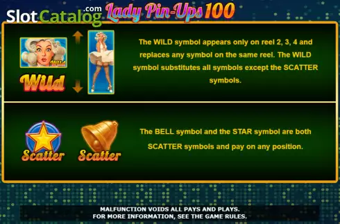 Features screen. Lady Pin-Ups 100 slot