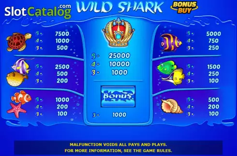 Paytable screen. Wild Shark Bonus Buy slot