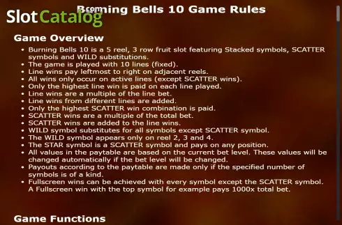 Game Rules screen. Burning Bells 10 slot