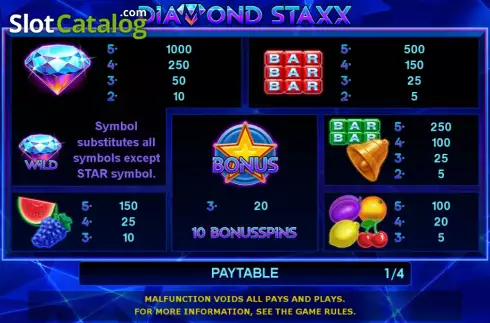 Paytable screen. Diamond Staxx slot