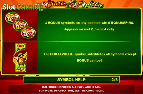 Features screen. Chilli Willie slot