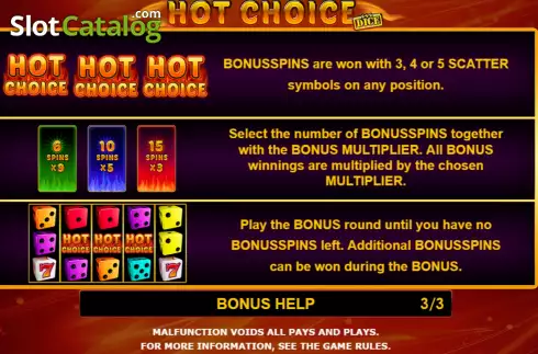 Game Features screen 2. Hot Choice Dice slot