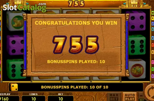Win Free Spins screen. Book of Aztec Dice slot