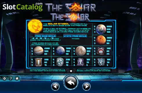 Paytable screen. The Solar slot