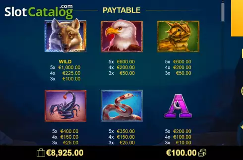 Paytable screen. Wild Coyote slot
