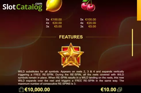 Game Features screen. Amigo Mighty Stars slot