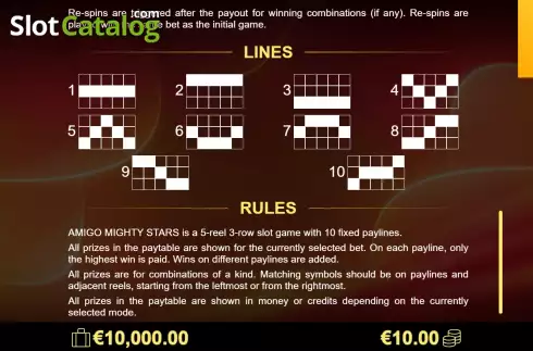 PayLines screen. Amigo Mighty Stars slot