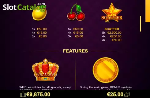PayTable - Features screen. Regal Crown 25 slot