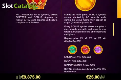 Game Features screen 2. Regal Crown 25 slot