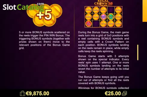 Game Features screen 3. Regal Crown 25 slot
