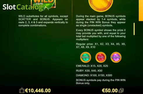 Game Features screen. Amigo Lucky Fruits Pin Win slot