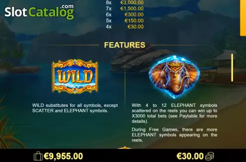Game Features screen. Elephant Splash slot