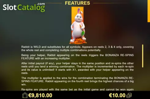 Game Features screen. Rabbit Bonanza slot