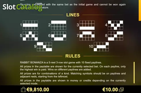 PayLines - Game Rules screen. Rabbit Bonanza slot