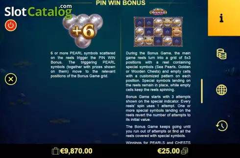Pin Win Bonus screen. Gold of Mermaid slot