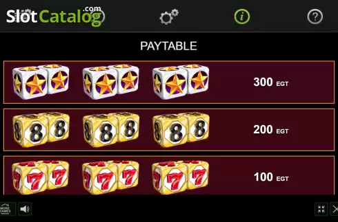 PayTable screen. Dice Deco slot