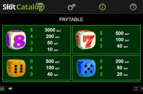 Paytable screen. 20 Bulky Dice slot