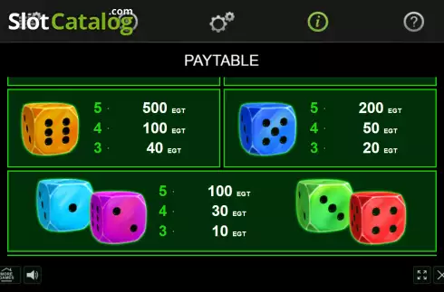Paytable screen 2. 20 Bulky Dice slot
