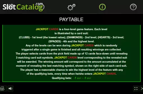 Jackpot Cards screen. 20 Bulky Dice slot