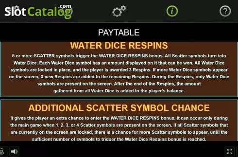 Game Features screen. Water Dice slot