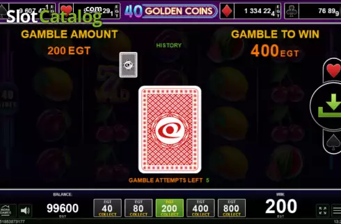 Risk Game screen. 40 Golden Coins slot
