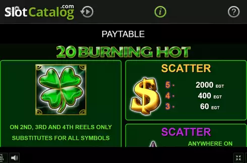 PayTable Screen. 20 Burning Hot slot