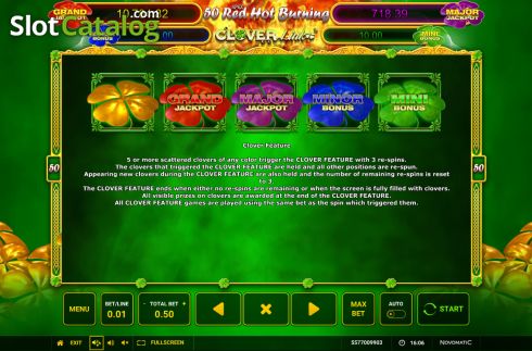 Clover Feature screen. 50 Red Hot Burning Clover Link slot