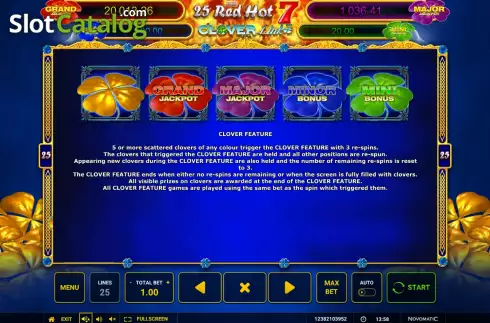 Game Features screen. 25 Red Hot 7 Clover Link slot