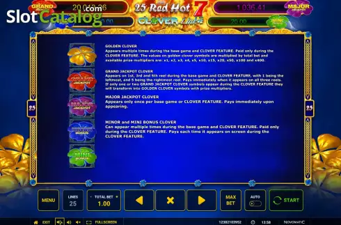 Game Features screen 2. 25 Red Hot 7 Clover Link slot
