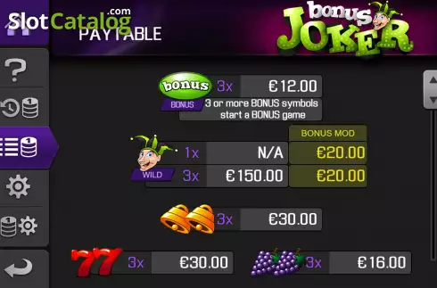 PayTable Screen. Bonus Joker slot