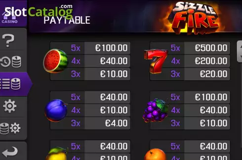 Paytable. Sizzle Fire slot