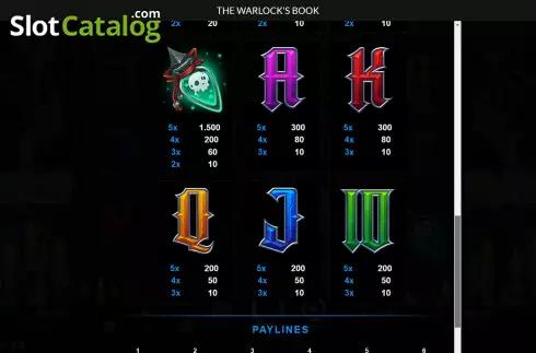 Pay Table screen. The Warlock's Book slot