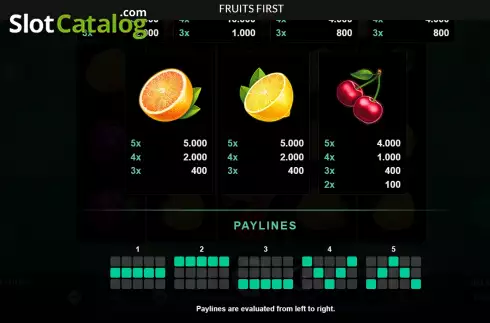 PayTable - PayLines screen. Fruits First slot